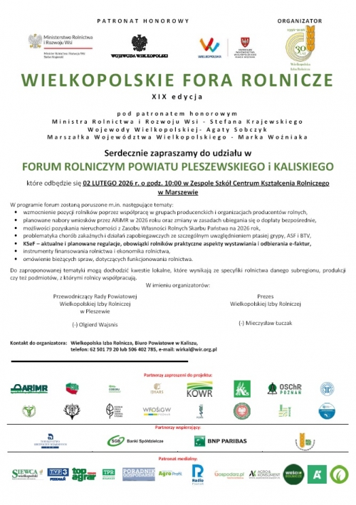 obrazek  Zaproszenie na Wielkopolskie Fora Rolnicze wiecej